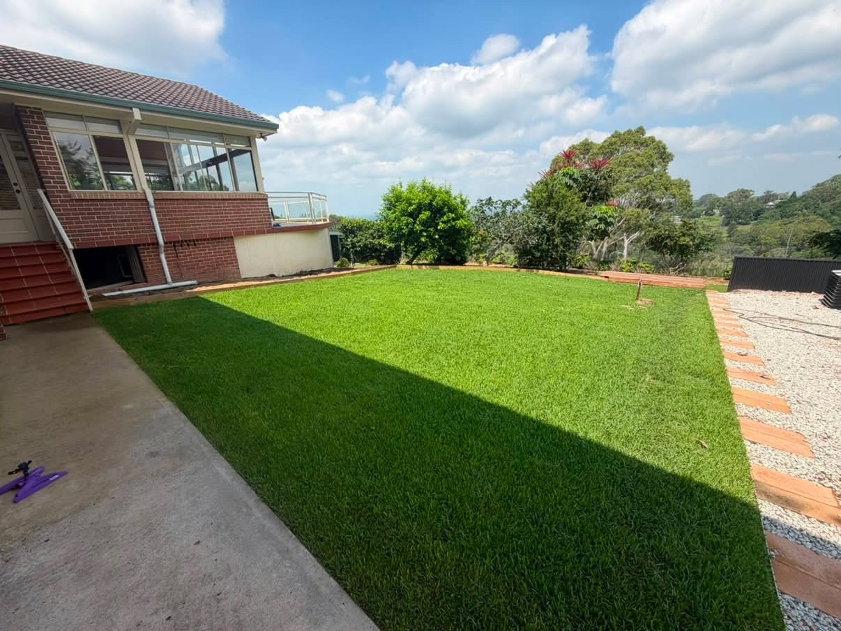 Freshly laid bright green turf lawn beside a brick home with paved entertaining area